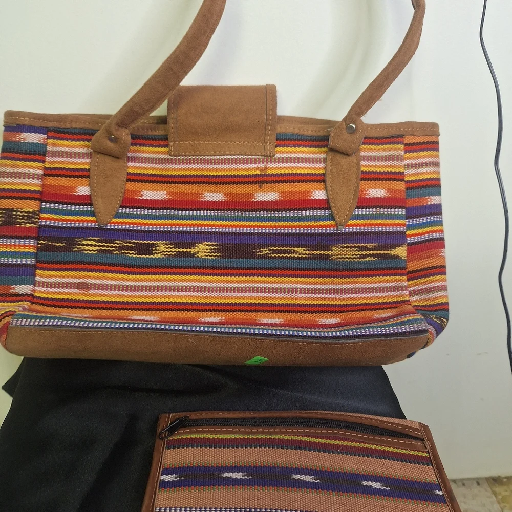 Red and Brown Shoulder Bag with Vibrant Stripes